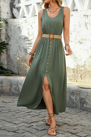 Army Green Scoop Neck A Line Long Summer Dress with Belt